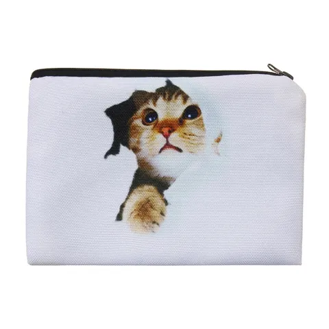 3D Print White Cat Makeup Bag Polyester Zipper Pouch Cosmetic Storage Case Women Portable Multi-purpose Pencil Bag Organizer