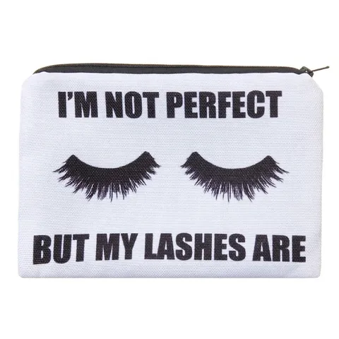 Trousse à Maquillage Femme Imprimé Cils I'M NOT PERFECT Slogan Anglais Portable en Polyester Sac de Rangement de Voyage