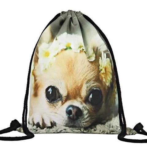 Chihuahua Dog Flower Crown Print Drawstring Backpack Lightweight Polyester Storage Bag For Women Men Casual Travel School