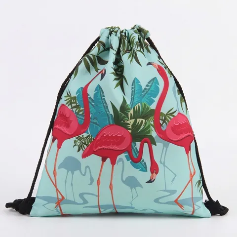 Tropical Flamingo Print Drawstring Backpack For Women Polyester Waterproof Travel Storage Cinch Bag With Cotton Rope Straps