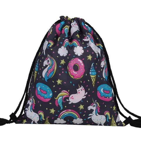 Cartoon Unicorn Rainbow Printed Drawstring Backpack Lightweight Polyester Cinch Bag For Kids Women Travel Storage School Backpack