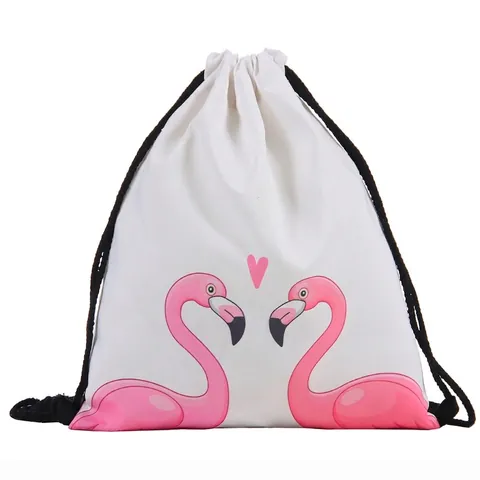 Sac à Dos à Cordon en Polyester Imprimé Flamant Rose Léger Imperméable Sac de Rangement Voyage Sac de Sport Décontracté Homme Femme