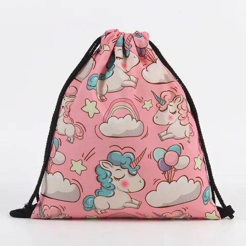Pink Unicorn Printed Drawstring Backpack For Girls Rainbow Star Pattern Polyester Cinch Sack Storage Bag School Travel