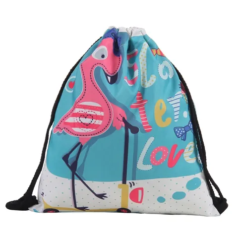 Cartoon Flamingo Printed Drawstring Backpack Portable Polyester Storage Bag Polka Dot Sport Cinch Sack For Daily Travel