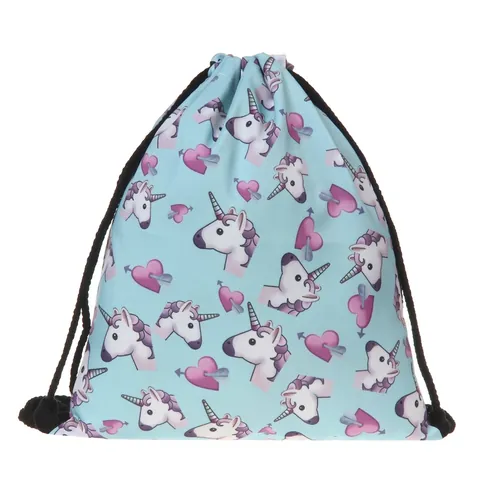 Cartoon Einhorn Herz Druck Kordelzug Rucksack Für Damen Herren Hellblau Polyester Beutel Für Reise Schule Fitnessstudio Aufbewahrungstasche
