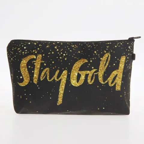 Trousse à Maquillage Imprimée Stay Gold Femmes Polyester Organisateur de Cosmétiques de Voyage Pochette à Fermeture Éclair Design Lettre Or