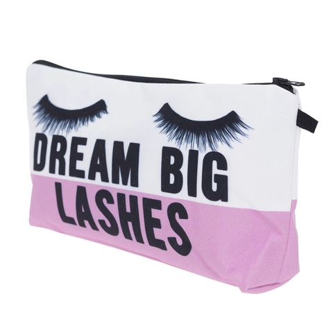 Polyester Makeup Bag With Eyelash Print Dream Big Lashes Portable Travel Cosmetic Pouch Zipper Storage Case For Women