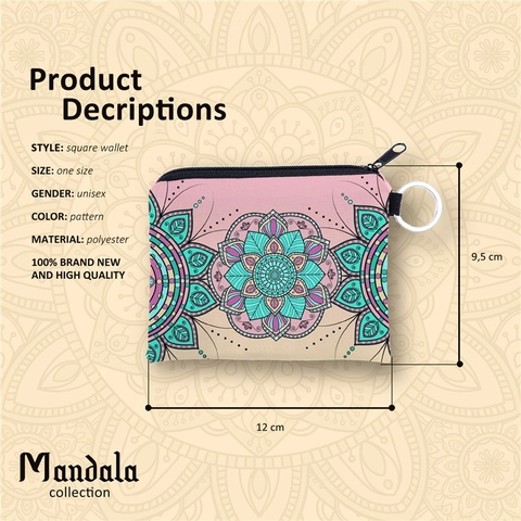 Mandala Print Coin Purse For Women Ethnic Polyester Floral Zipper Mini Wallet With Key Ring Small Card Holder Pocket Case