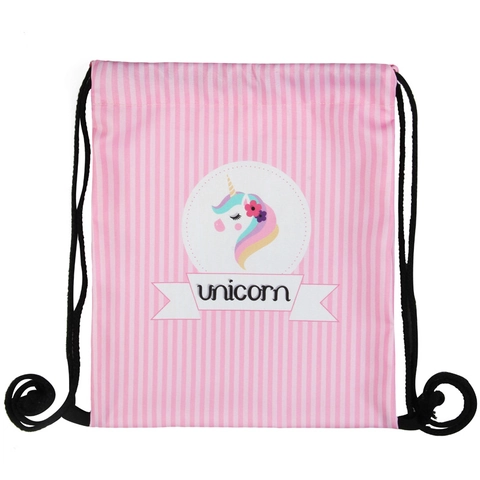 Sac à Dos à Cordon en Polyester à Rayures Rose et Blanc Imprimé Licorne pour Enfants Filles Femmes Sac de Voyage Sport École Léger