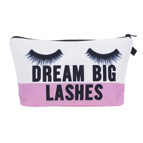Polyester Makeup Bag With Eyelash Print Dream Big Lashes Portable Travel Cosmetic Pouch Zipper Storage Case For Women
