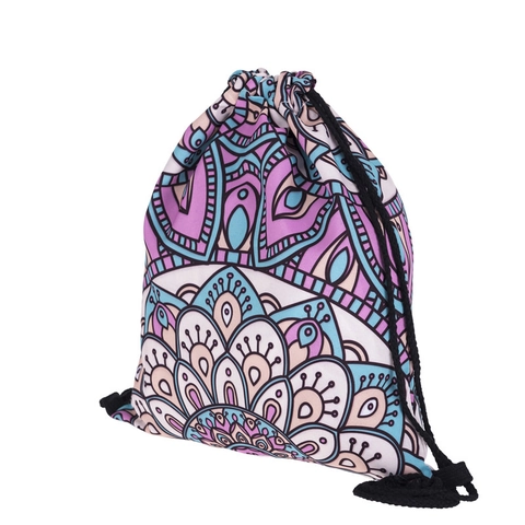 Mandala Print Drawstring Backpack For Women Bohemian Floral Polyester String Bag For Travel Casual Storage Pack