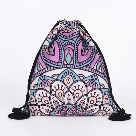 Mandala Print Drawstring Backpack For Women Bohemian Floral Polyester String Bag For Travel Casual Storage Pack
