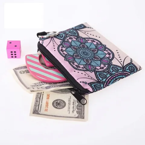 Mandala Print Coin Purse For Women Ethnic Polyester Floral Zipper Mini Wallet With Key Ring Small Card Holder Pocket Case