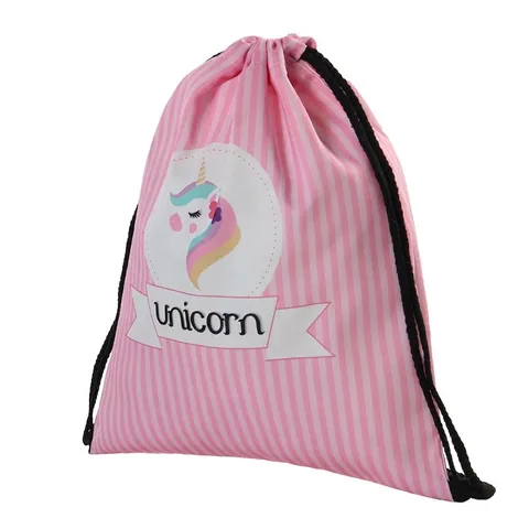 Sac à Dos à Cordon en Polyester à Rayures Rose et Blanc Imprimé Licorne pour Enfants Filles Femmes Sac de Voyage Sport École Léger