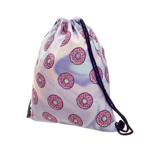 Donut Printed Drawstring Backpack Purple Pink Gradient Polyester Travel Storage Bag For Men Women Casual Sport Gym Sackpack
