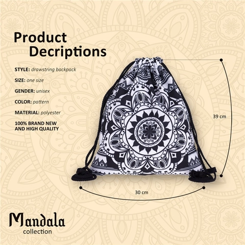Mandala Drawstring Backpack Polyester Lightweight Travel Storage Bag Bohemian Style Geometric Floral Pattern For Women Men Kids