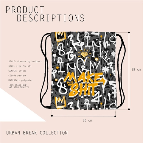 Streetwear Graffiti Buchstabe Druck Kordelzug Rucksack Unisex Leichte Polyester String Bag Für Gym Schule Reise Outdoor