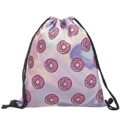 Donut Printed Drawstring Backpack Purple Pink Gradient Polyester Travel Storage Bag For Men Women Casual Sport Gym Sackpack