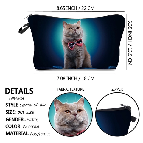 Polyester Cat Print Cosmetic Bag For Women Digital Printed British Shorthair Pattern Travel Toiletry Makeup Storage Pouch With Zipper