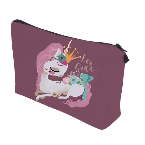 Women Cartoon Unicorn Print Makeup Bag Polyester Travel Toiletry Organizer Portable Zipper Cosmetic Pouch Case Gift