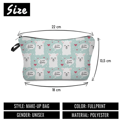 Portable Cute Llama Heart Print Polyester Makeup Bag Women Travel Toiletry Storage Organizer Zipper Cosmetic Pouch Case