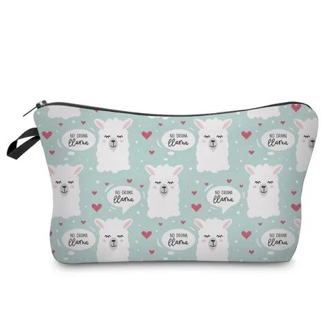 Portable Cute Llama Heart Print Polyester Makeup Bag Women Travel Toiletry Storage Organizer Zipper Cosmetic Pouch Case