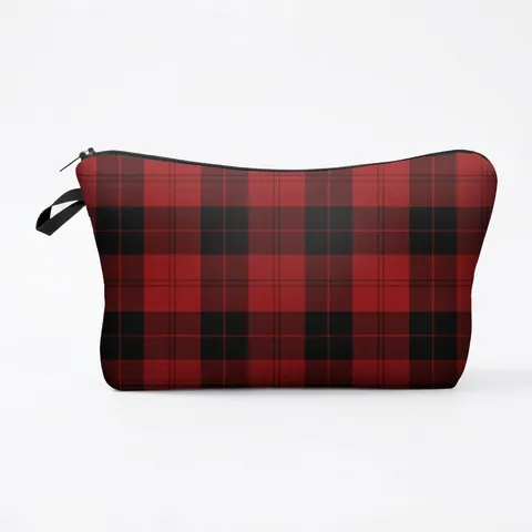 Damen Rot Schwarz Karierte Kosmetiktasche Mehrzweck Reise Kulturbeutel Lagerung Veranstalter Tasche Mit Reißverschluss Weiche Polyester Handtasche