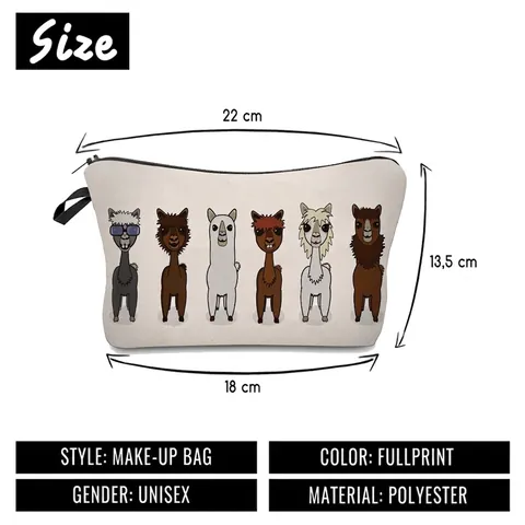 Cartoon Llama Print Polyester Makeup Bag Portable Travel Toiletry Organizer Handbag With Zipper For Women Cosmetic Case