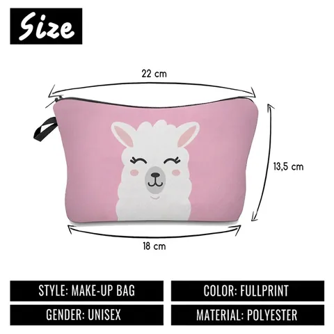 Women Cute Cartoon Alpaca Pattern Makeup Bag Polyester Travel Cosmetic Pouch Toiletry Organizer Zipper Handbag Wash Bag