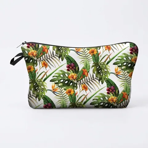 Trousse à Maquillage pour Femmes Imprimé Feuilles Vertes Tropicales Polyester Floral Voyage Toilette Rangement Maquillage Pochette