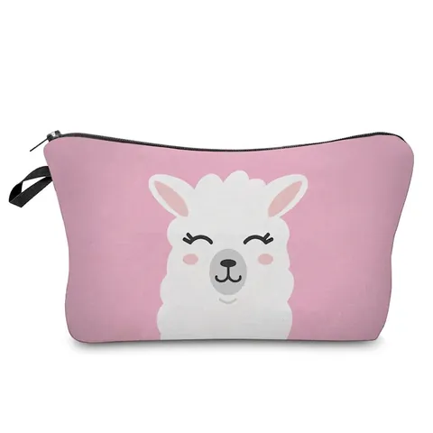 Women Cute Cartoon Alpaca Pattern Makeup Bag Polyester Travel Cosmetic Pouch Toiletry Organizer Zipper Handbag Wash Bag