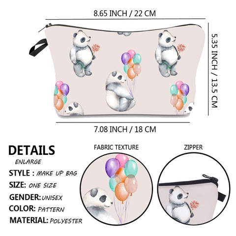 Trousse de Maquillage Imprimé Panda Femmes Multifonctionnelle Voyage Toilette Pochette Polyester Fermeture Éclair Organisateur