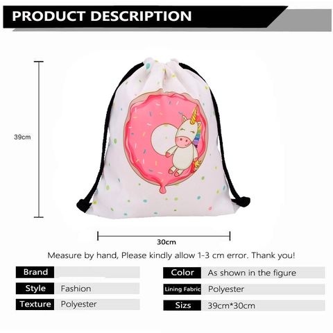 Unicorn Donut Pattern Drawstring Bag White Polyester Backpack For Girls Women Casual Daily Storage Bag With Cotton Rope