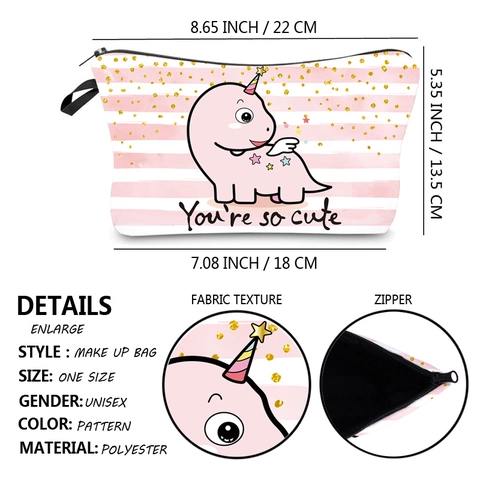 Cute Dinosaur Printed Waterproof Makeup Bag Women Pink Striped Polyester Travel Toiletry Organizer Handheld Cosmetic Pouch Bag