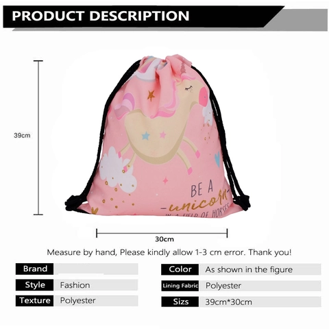 Cute Unicorn Printed Drawstring Backpack Lightweight Polyester String Bag For Travel Storage School Girls Women Gift