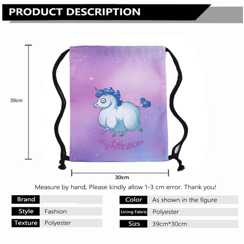 Purple Gradient Unicorn Drawstring Backpack Polyester Cartoon Animal Print Storage Bag For Unisex Casual Travel Daily Rucksack