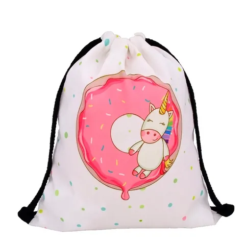 Unicorn Donut Pattern Drawstring Bag White Polyester Backpack For Girls Women Casual Daily Storage Bag With Cotton Rope