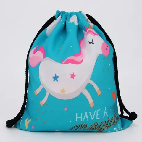 Kids Cute Unicorn Drawstring Backpack Polyester Sky Blue Magical Printed Storage Bag For Teens Casual School Travel Daypack