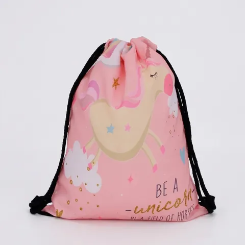 Cute Unicorn Printed Drawstring Backpack Lightweight Polyester String Bag For Travel Storage School Girls Women Gift