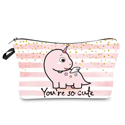 Cute Dinosaur Printed Waterproof Makeup Bag Women Pink Striped Polyester Travel Toiletry Organizer Handheld Cosmetic Pouch Bag