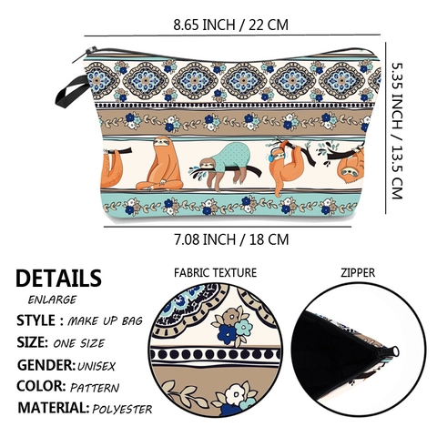 Women's Waterproof Digital Print Sloth Pattern Makeup Bag Multi-functional Polyester Travel Cosmetic Pouch Zippered Organizer Handbag