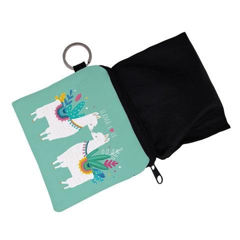 Mint Green Llama Print Polyester Coin Purse Mini Zipper Wallet Portable Key Pouch With Metal Key Ring For Women Daily Use