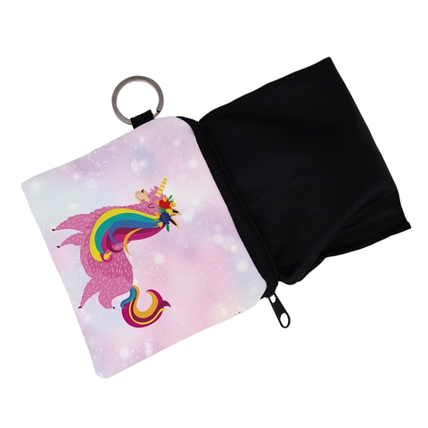 Cute Starry Sky Llamacorn Print Polyester Coin Purse With Zip And Metal Key Ring Portable Small Storage Bag For Women Girls