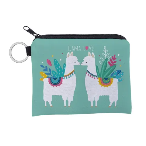 Mint Green Llama Print Polyester Coin Purse Mini Zipper Wallet Portable Key Pouch With Metal Key Ring For Women Daily Use