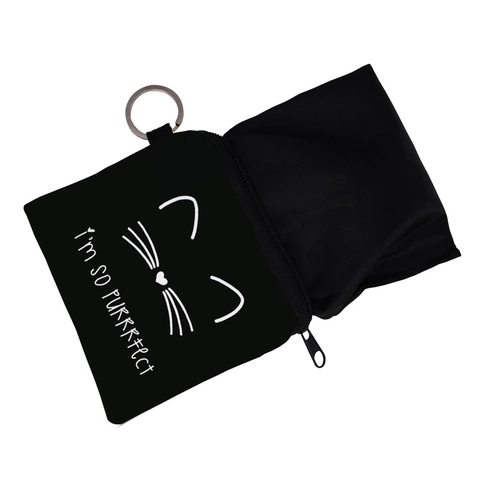 Schattige Kat Gezicht Print Minimalistische Polyester Mini Portemonnee Met Metalen Sleutelring Draagbare Kleine Opbergzak