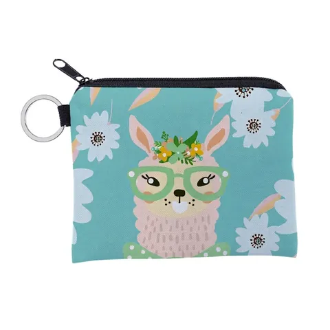 Mignon Porte-monnaie en Polyester avec Imprimé Alpaga et Fleurs Mini Portefeuille avec Anneau Porte-clés pour Femmes