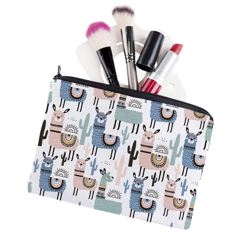 Borsa da Trucco Portatile in Oxford Con Stampa Alpaca Cactus Astuccio Per Cosmetici Da Viaggio Donna Con Cerniera