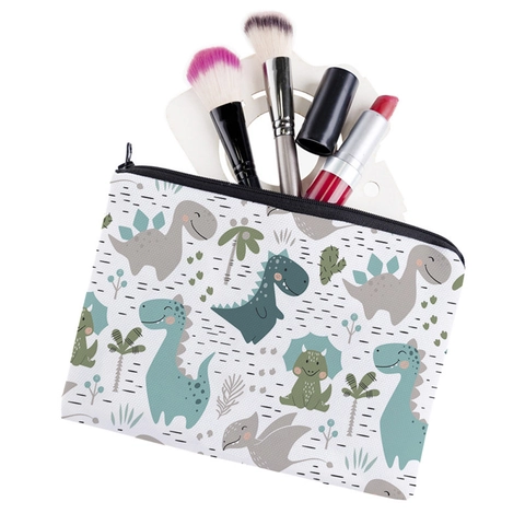 Borsa Trucco con Stampa Dinosauro Cartone Animato Organizzatore Cosmetici in Tessuto Oxford Portatile per Donna Viaggio Astuccio Casual
