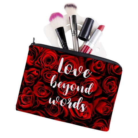 Bolsa De Maquillaje Romántica Con Estampado De Rosas Rojas Slogan Love Beyond Words Impermeable Tela Oxford Organizador