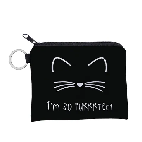 Schattige Kat Gezicht Print Minimalistische Polyester Mini Portemonnee Met Metalen Sleutelring Draagbare Kleine Opbergzak